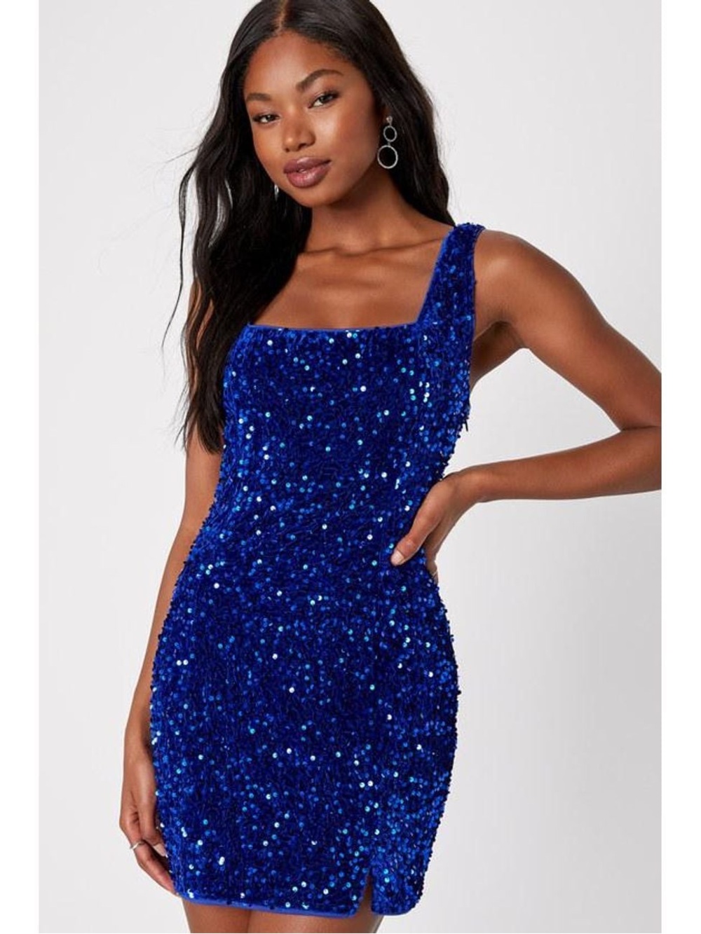 Lulus Seeing Sparkles Royal Blue Velvet Sequin Square Neck Mini Dress